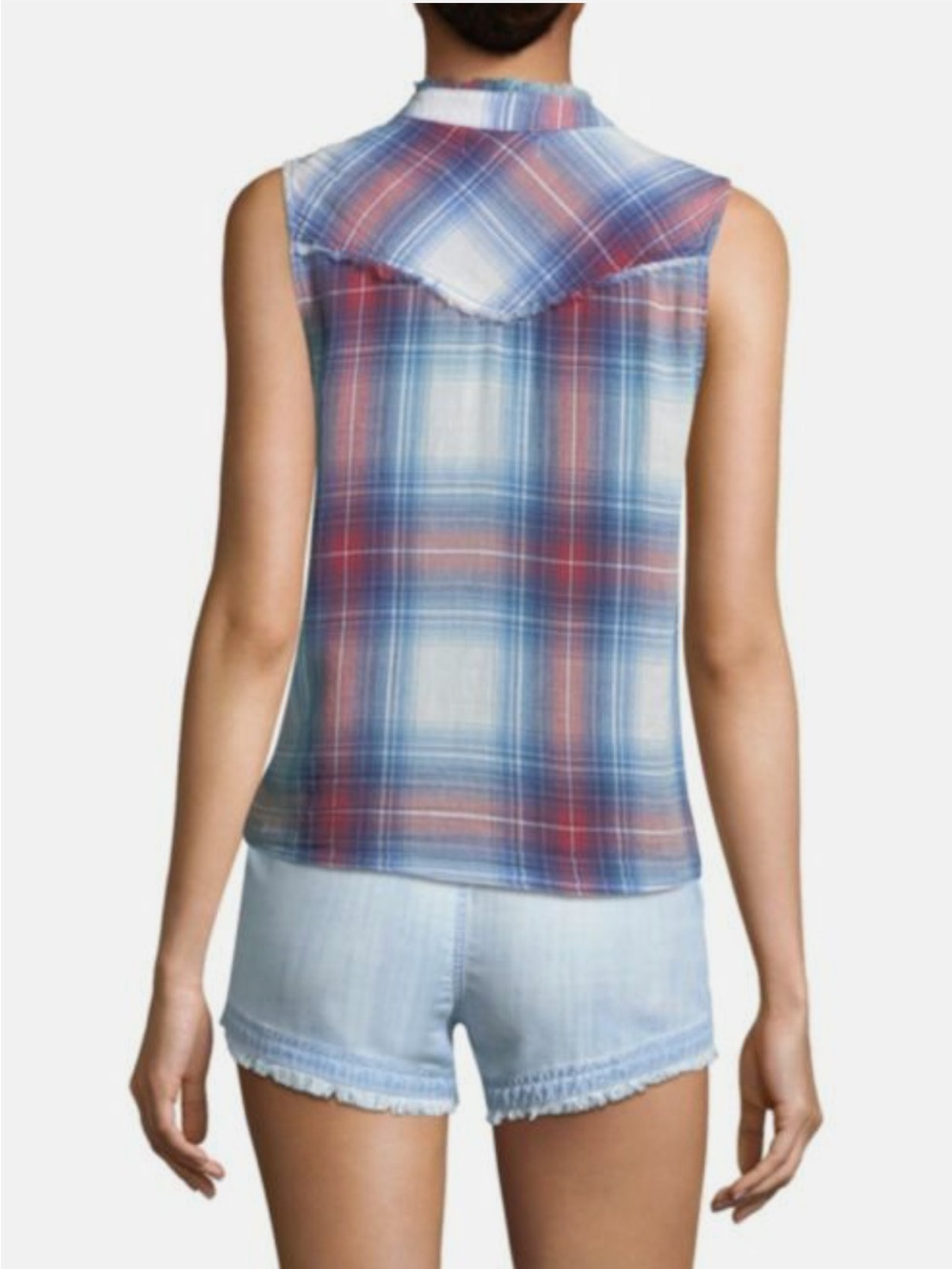 Cloth & Stone Plaid Sleeveless Tie Front Button Down Tank Sunglow Indigo Medium - Picture 4 of 10